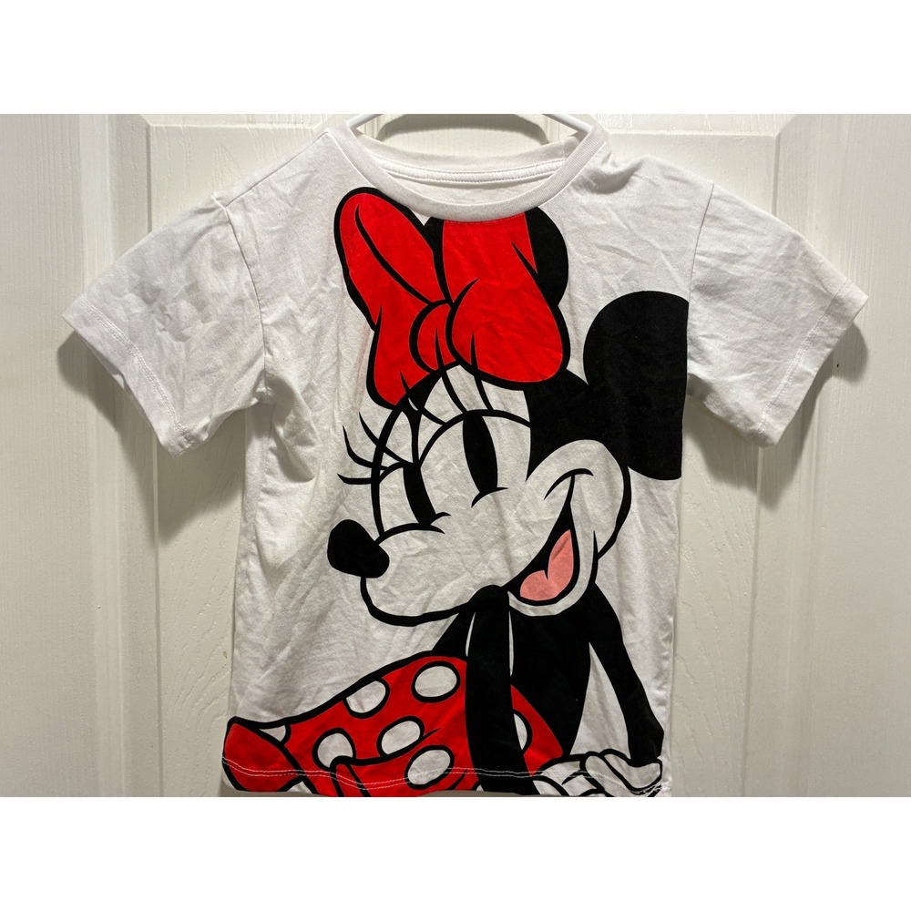 Disney Minnie Mouse Girls White Graphic T-Shirt Size XS 4-5 Red Polka Dot Bow